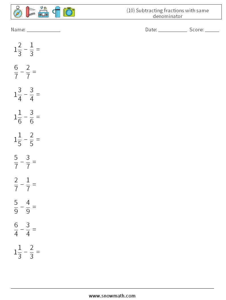 (10) Subtracting fractions with same denominator Maths Worksheets 3