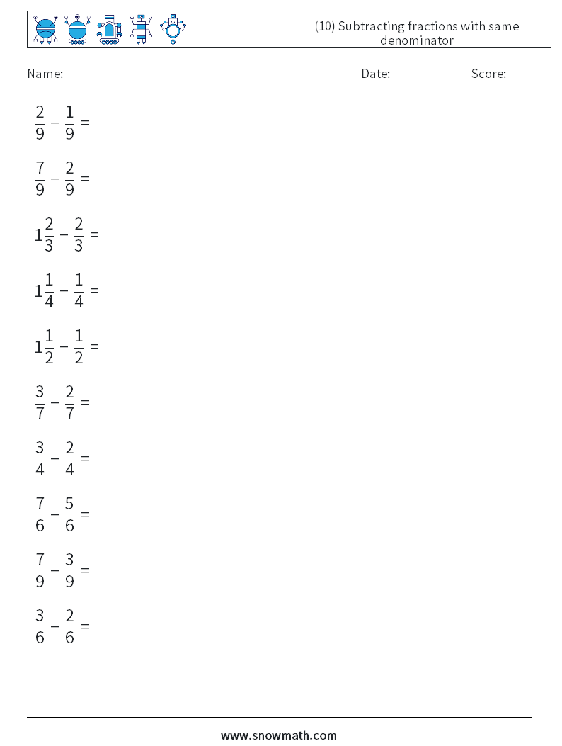 (10) Subtracting fractions with same denominator Maths Worksheets 4