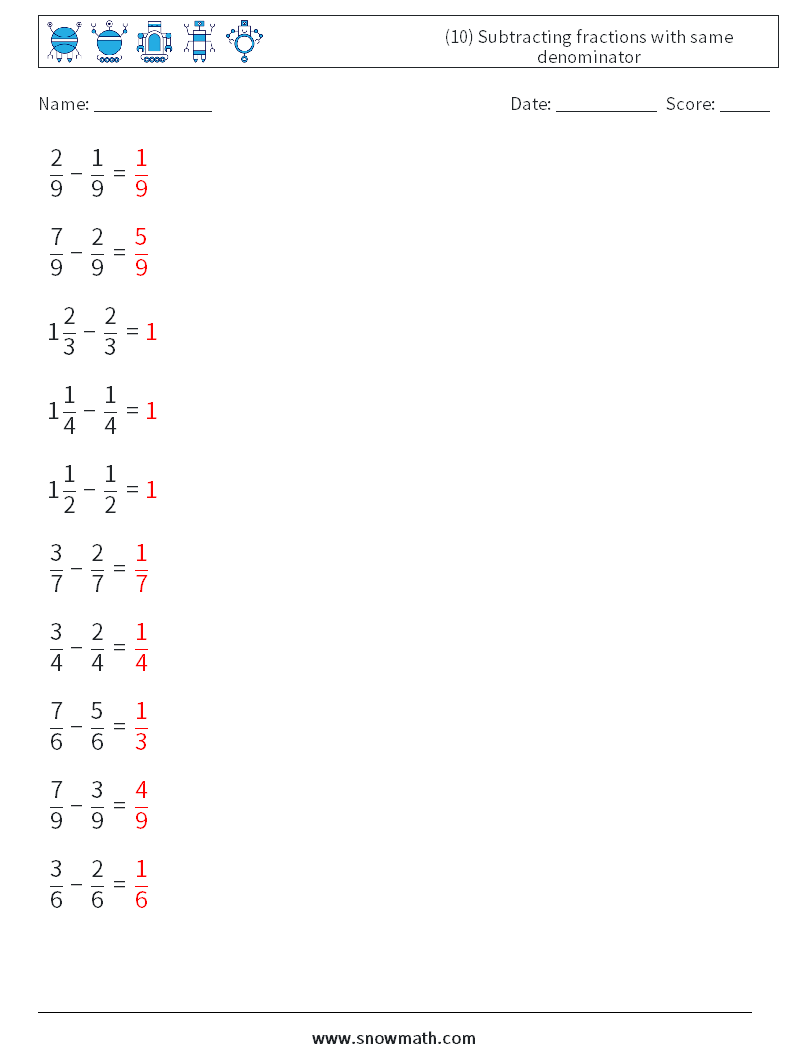 (10) Subtracting fractions with same denominator Maths Worksheets 4 Question, Answer