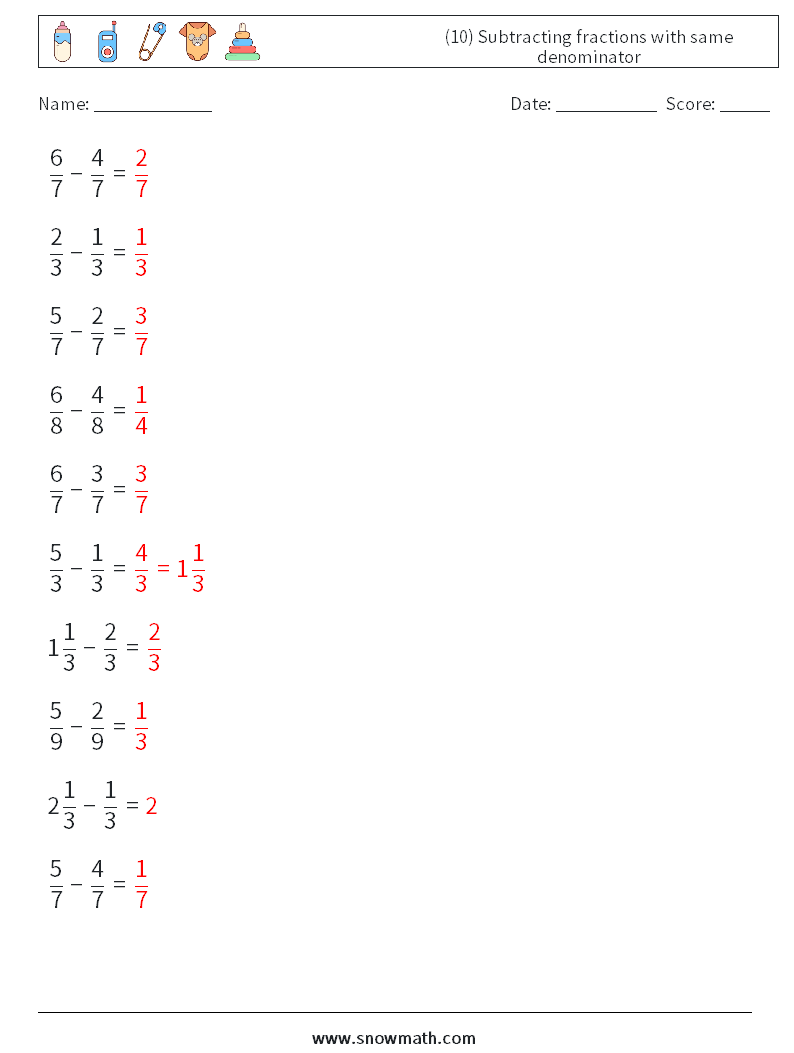 (10) Subtracting fractions with same denominator Maths Worksheets 5 Question, Answer