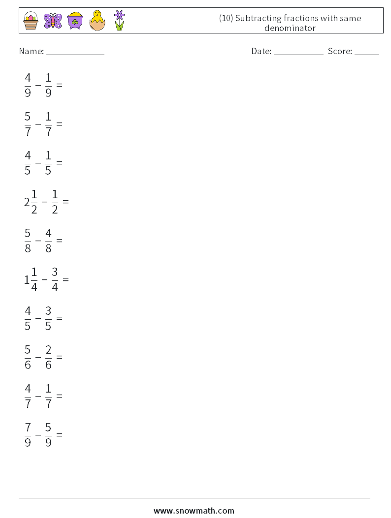 (10) Subtracting fractions with same denominator Maths Worksheets 7