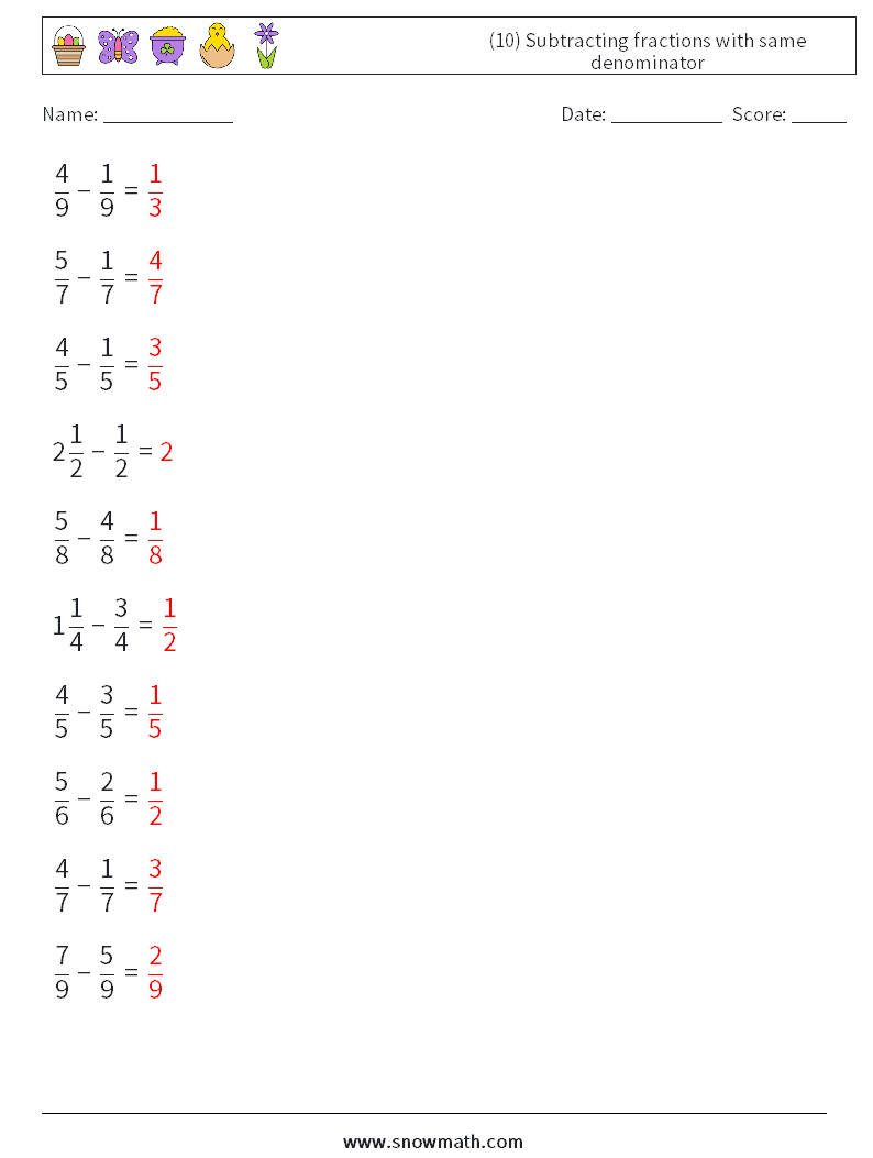 (10) Subtracting fractions with same denominator Maths Worksheets 7 Question, Answer