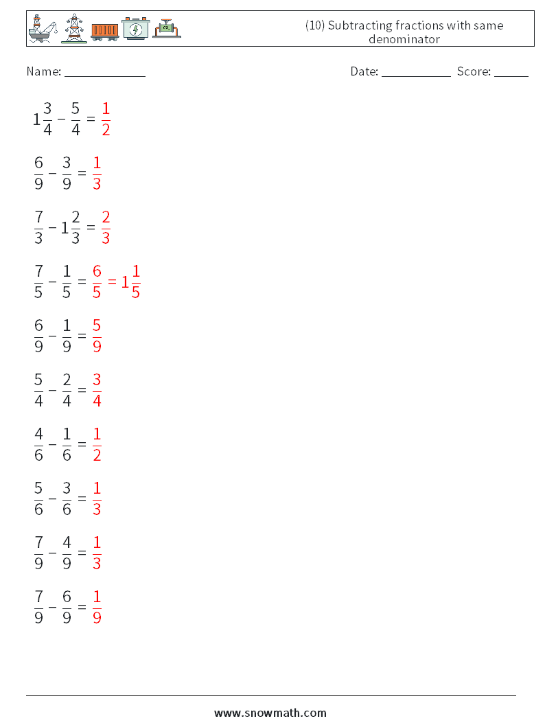 (10) Subtracting fractions with same denominator Maths Worksheets 9 Question, Answer