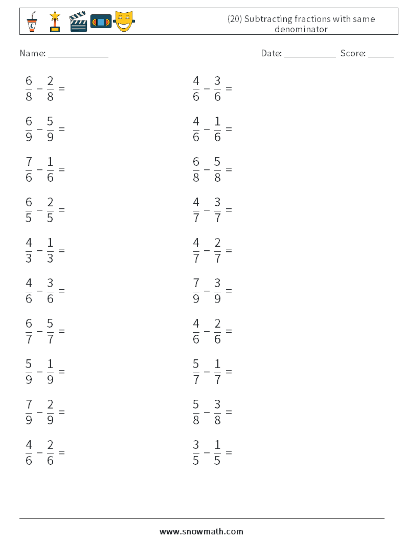 (20) Subtracting fractions with same denominator Maths Worksheets 11