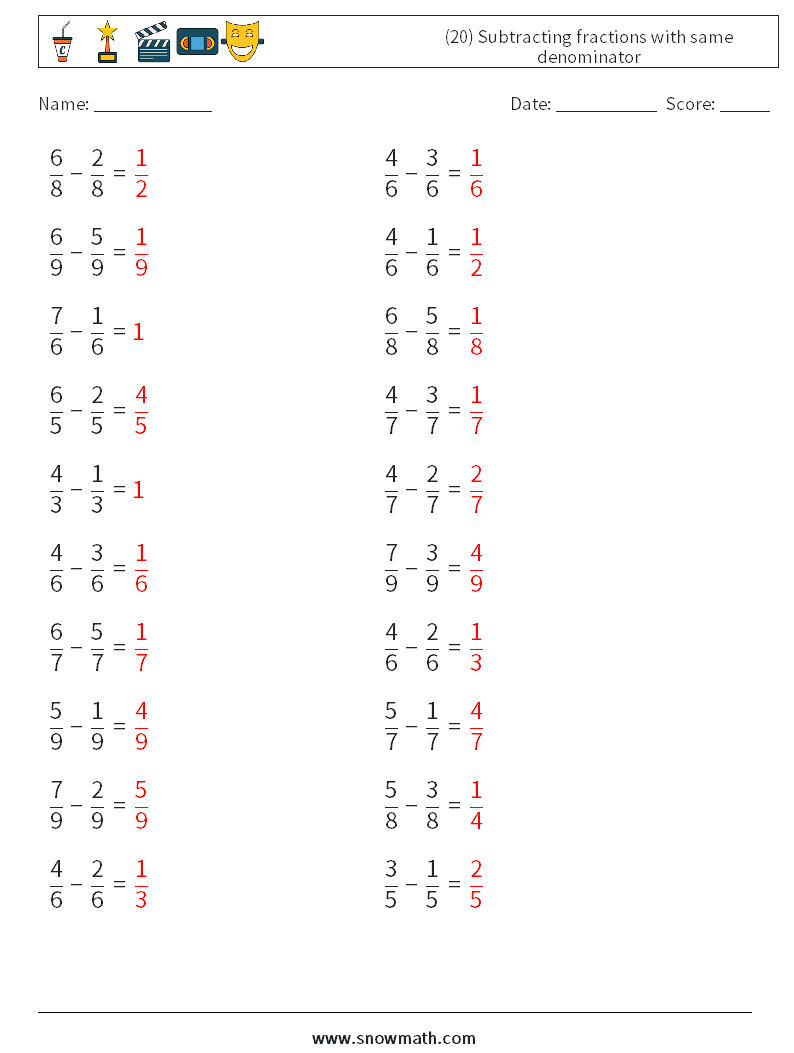 (20) Subtracting fractions with same denominator Maths Worksheets 11 Question, Answer