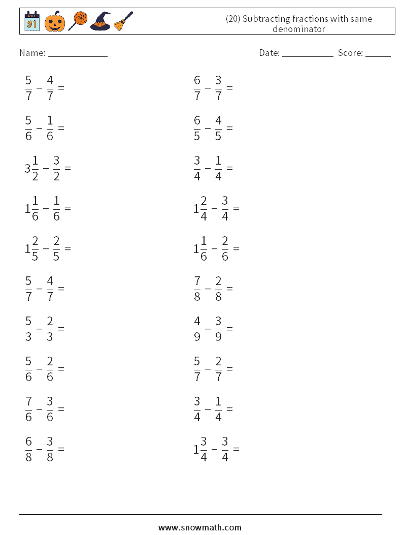 (20) Subtracting fractions with same denominator Maths Worksheets 12