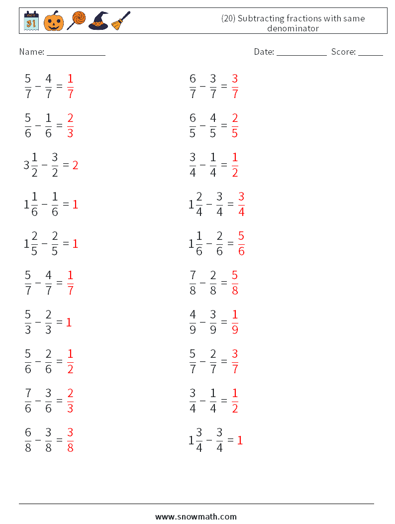 (20) Subtracting fractions with same denominator Maths Worksheets 12 Question, Answer