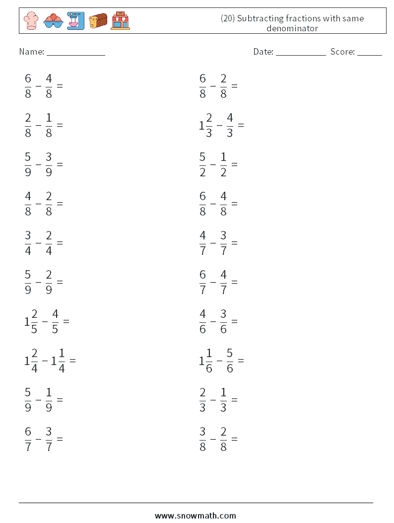 (20) Subtracting fractions with same denominator Maths Worksheets 14