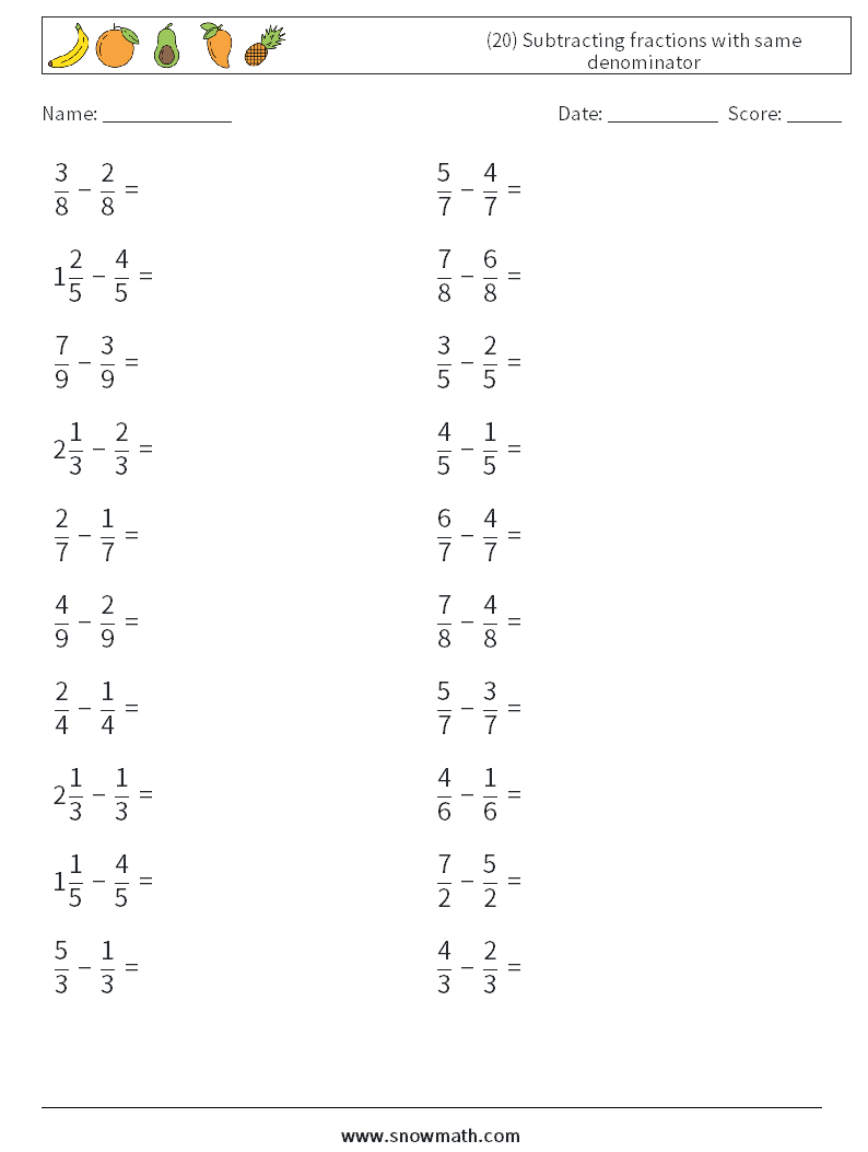 (20) Subtracting fractions with same denominator Maths Worksheets 15