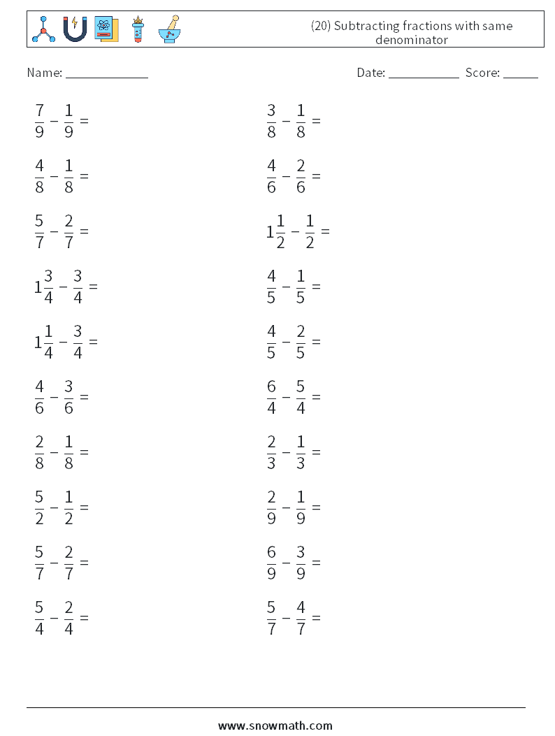 (20) Subtracting fractions with same denominator Maths Worksheets 17