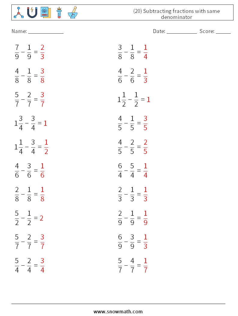 (20) Subtracting fractions with same denominator Maths Worksheets 17 Question, Answer