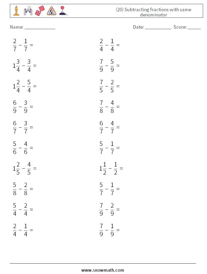 (20) Subtracting fractions with same denominator Maths Worksheets 18