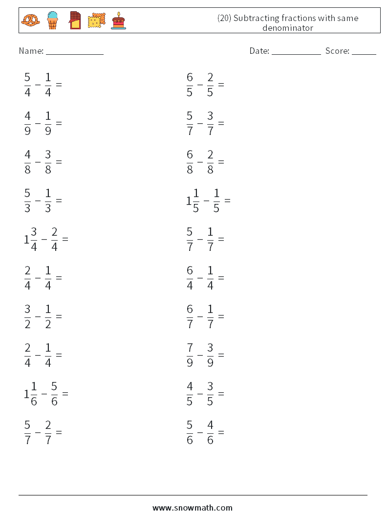 (20) Subtracting fractions with same denominator Maths Worksheets 4