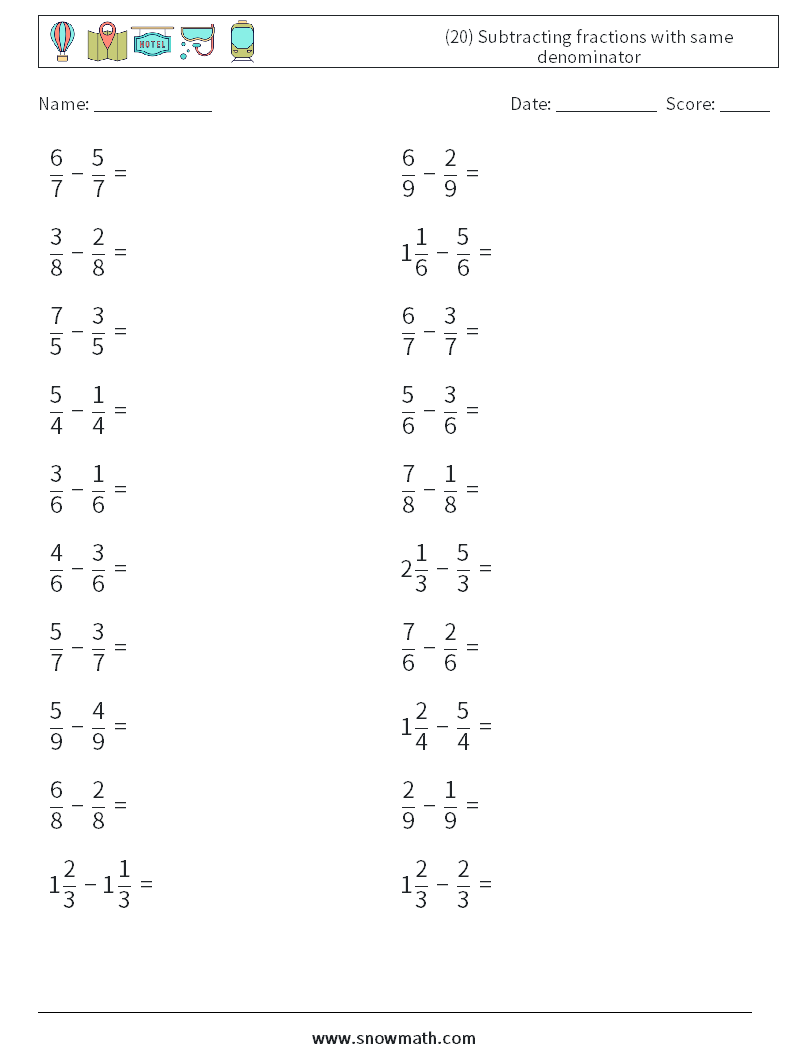 (20) Subtracting fractions with same denominator Maths Worksheets 8