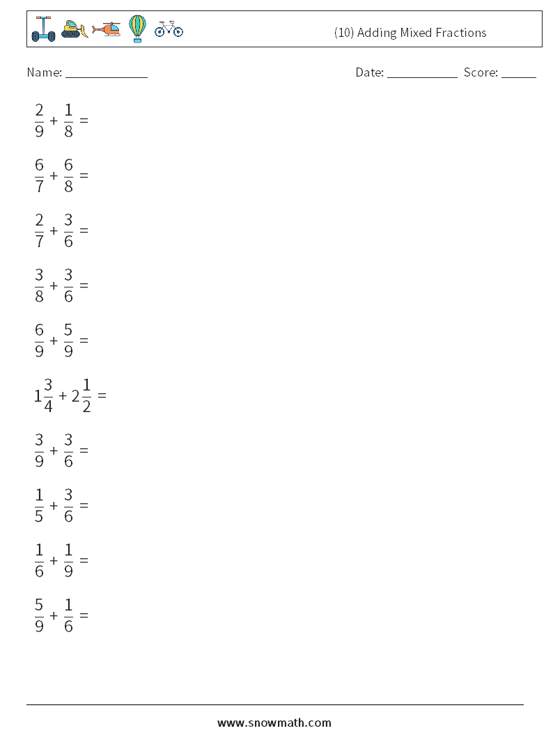 (10) Adding Mixed Fractions Maths Worksheets 12