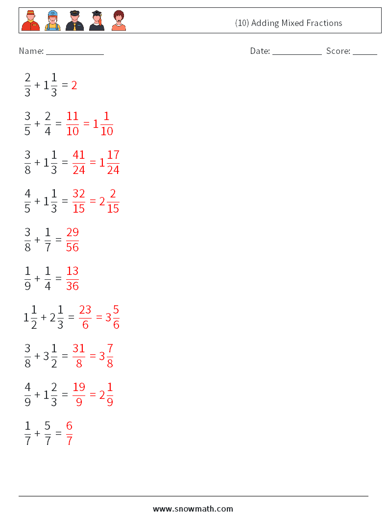 (10) Adding Mixed Fractions Maths Worksheets 14 Question, Answer