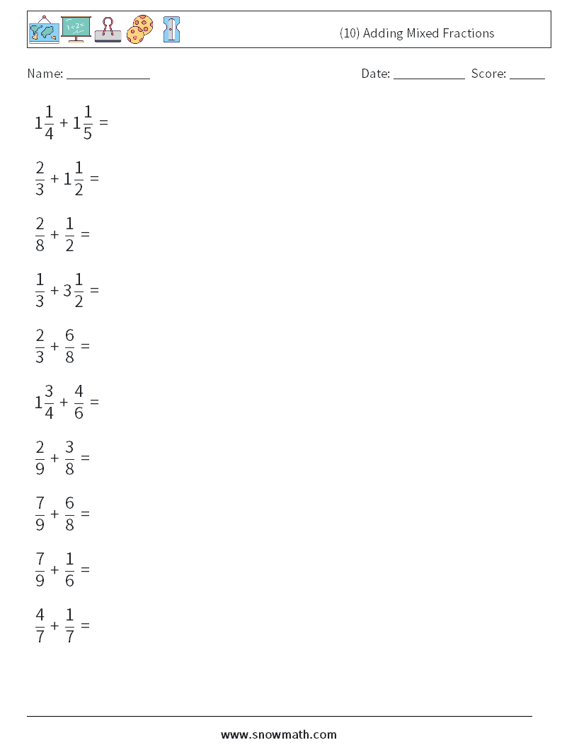 (10) Adding Mixed Fractions Maths Worksheets 8