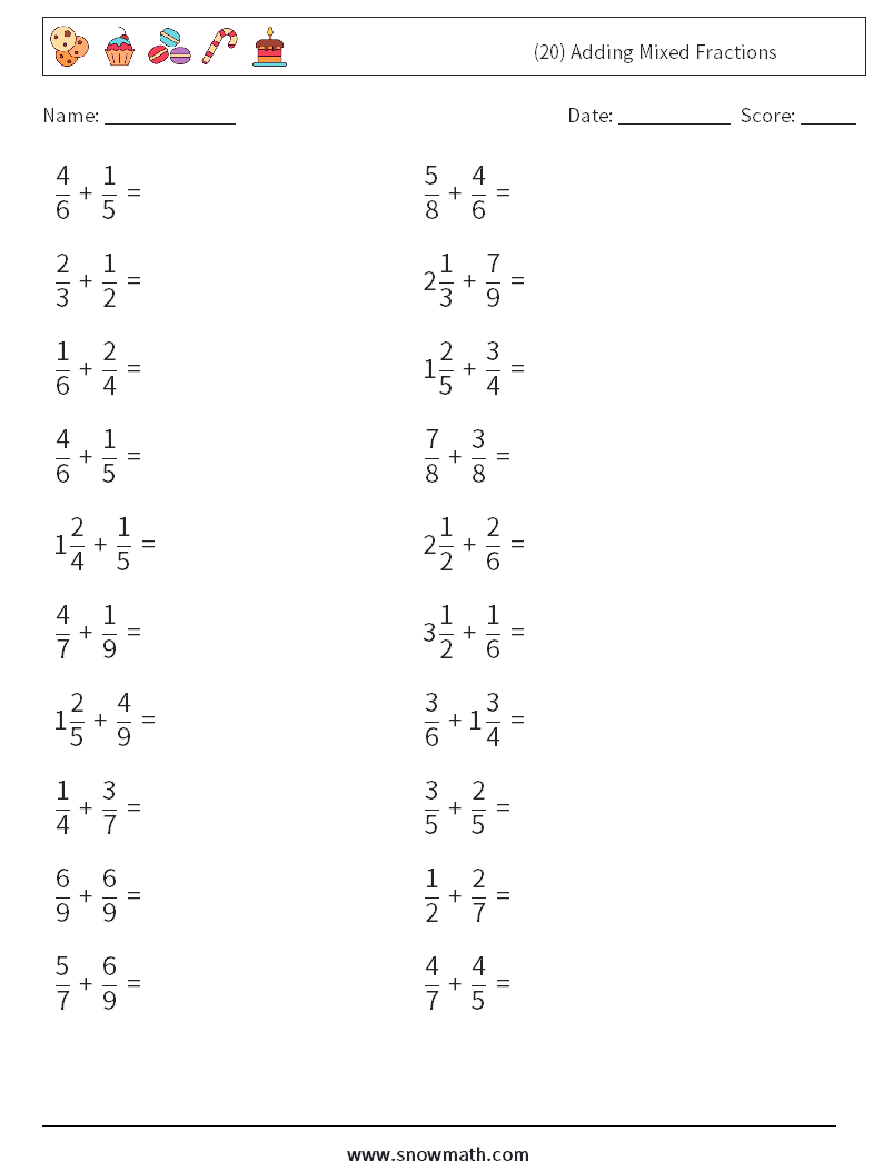 (20) Adding Mixed Fractions Maths Worksheets 10