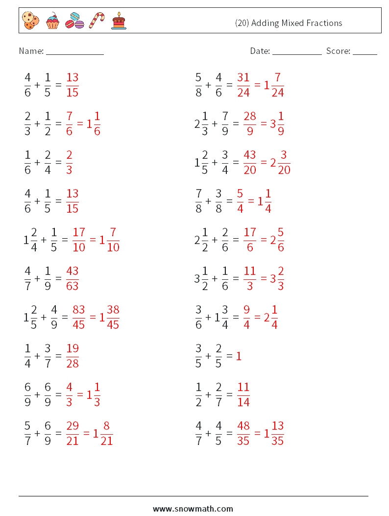 (20) Adding Mixed Fractions Maths Worksheets 10 Question, Answer