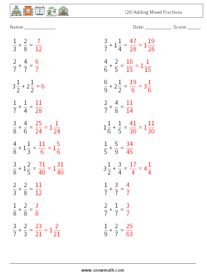 (20) Adding Mixed Fractions Maths Worksheets 11 Question, Answer