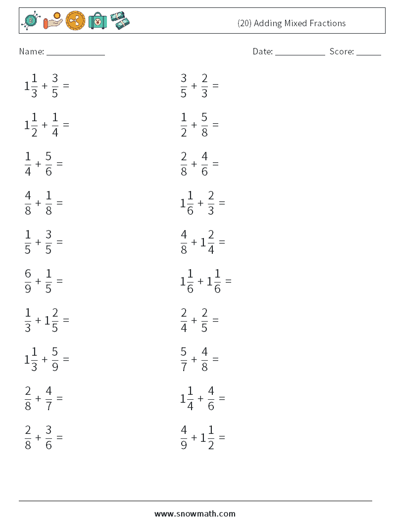 (20) Adding Mixed Fractions Maths Worksheets 12