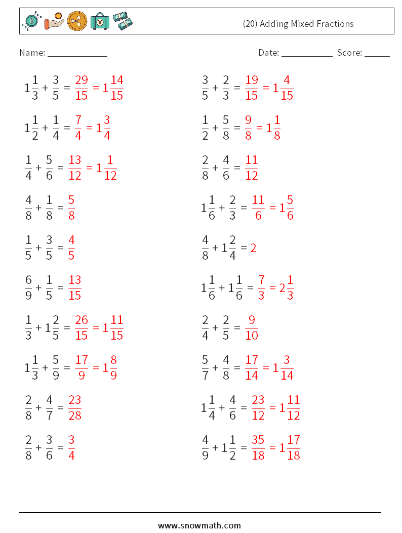 (20) Adding Mixed Fractions Maths Worksheets 12 Question, Answer