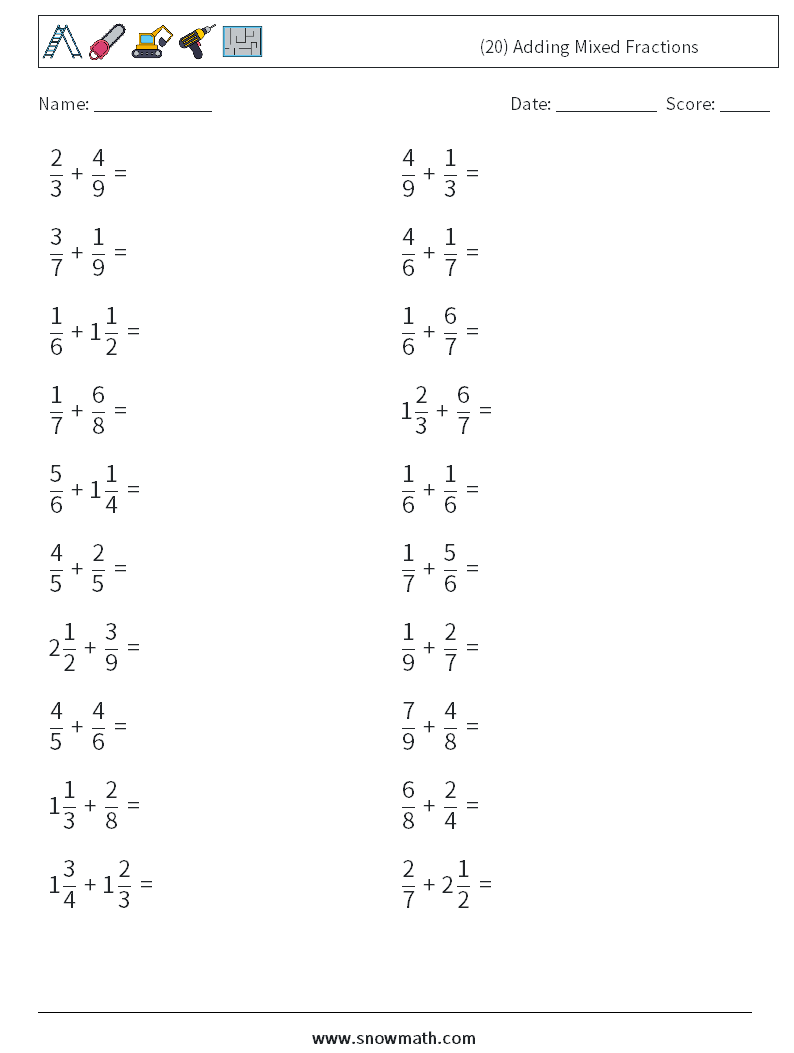(20) Adding Mixed Fractions Maths Worksheets 13