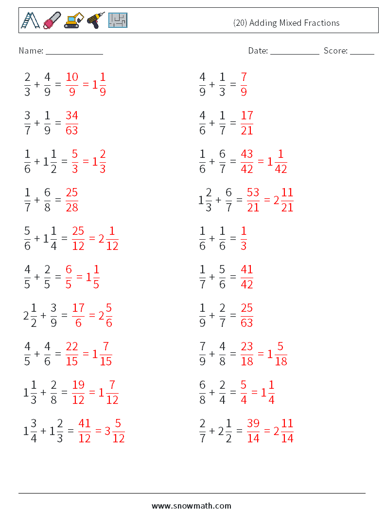 (20) Adding Mixed Fractions Maths Worksheets 13 Question, Answer
