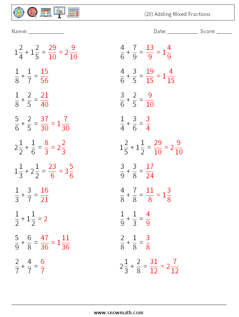 (20) Adding Mixed Fractions Maths Worksheets 14 Question, Answer