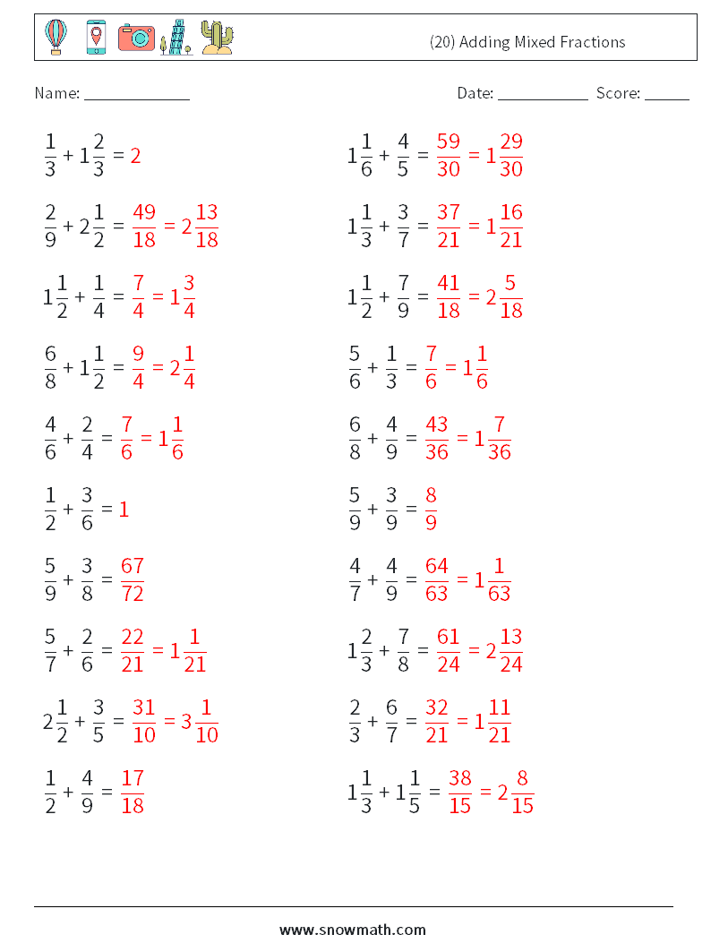 (20) Adding Mixed Fractions Maths Worksheets 15 Question, Answer