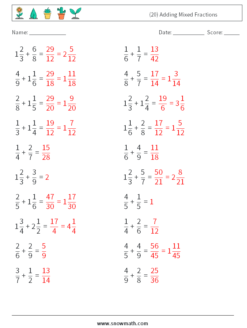 (20) Adding Mixed Fractions Maths Worksheets 16 Question, Answer
