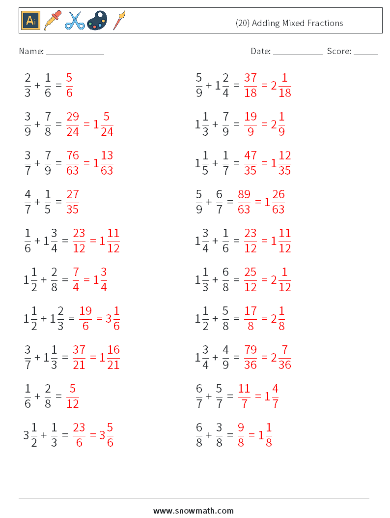 (20) Adding Mixed Fractions Maths Worksheets 17 Question, Answer