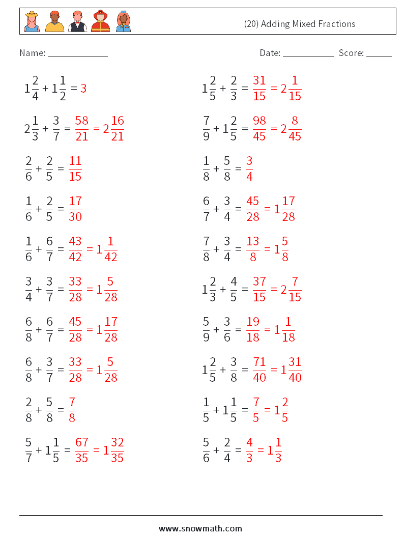 (20) Adding Mixed Fractions Maths Worksheets 18 Question, Answer