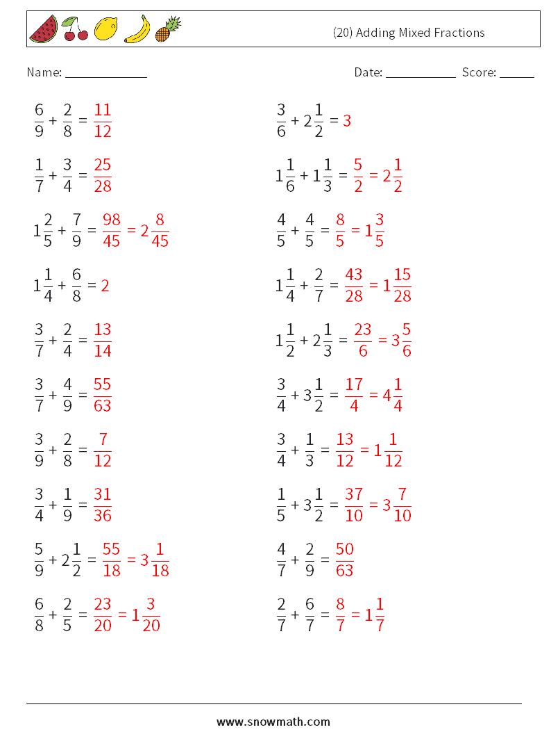 (20) Adding Mixed Fractions Maths Worksheets 1 Question, Answer