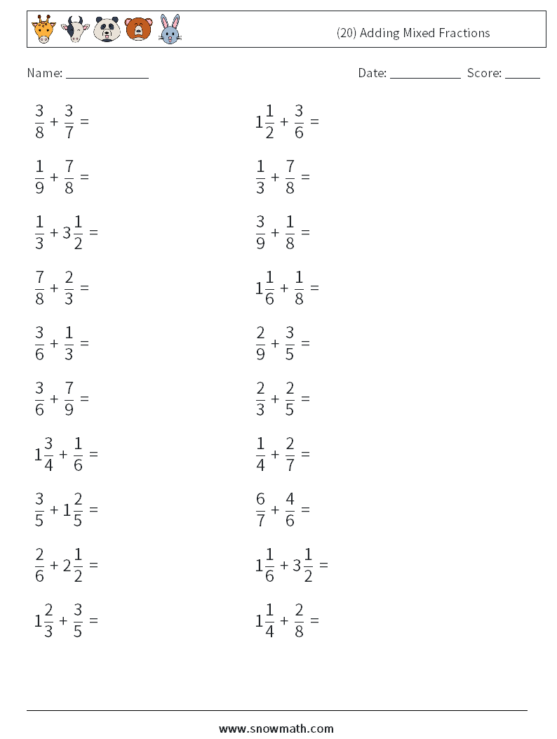 (20) Adding Mixed Fractions Maths Worksheets 2