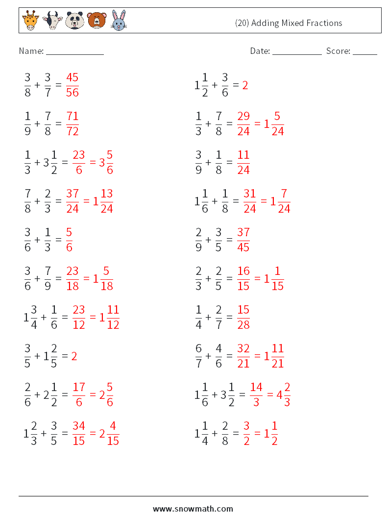 (20) Adding Mixed Fractions Maths Worksheets 2 Question, Answer