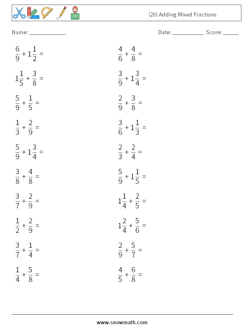 (20) Adding Mixed Fractions Maths Worksheets 3
