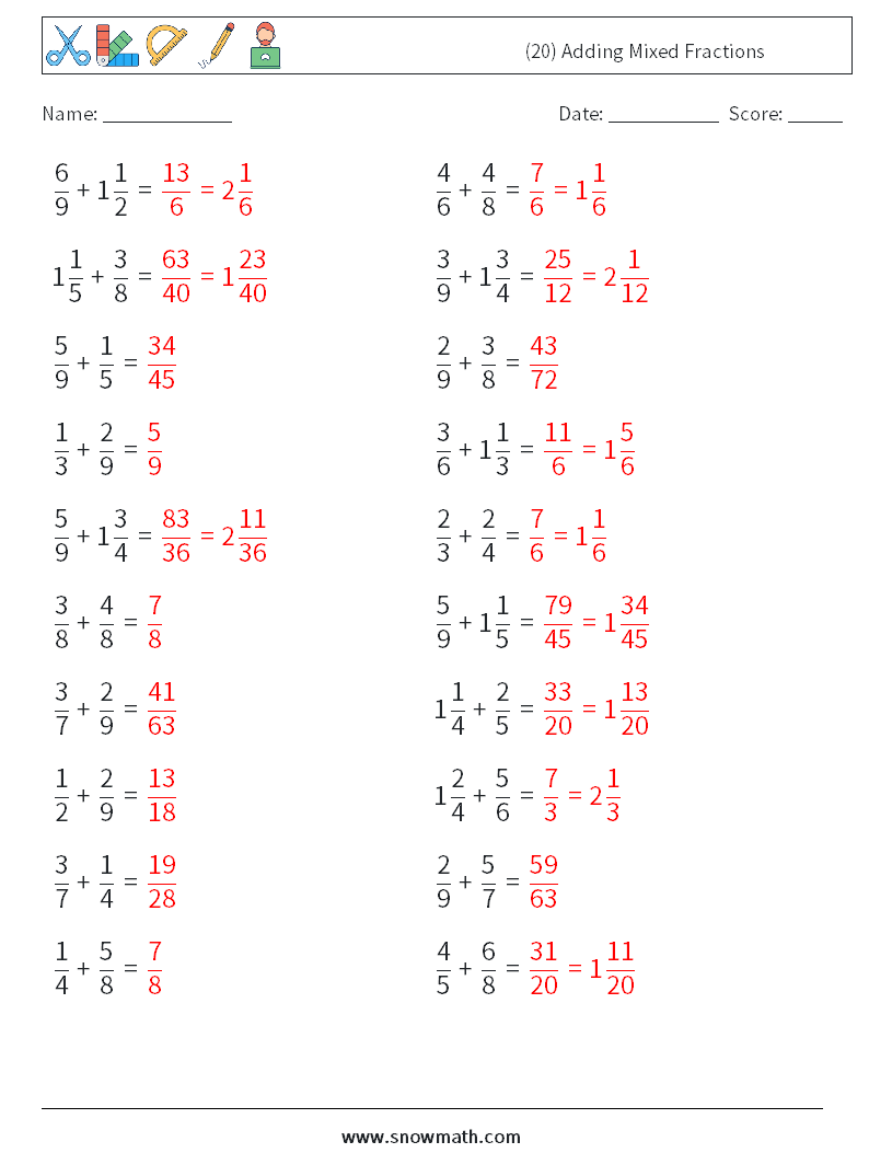 (20) Adding Mixed Fractions Maths Worksheets 3 Question, Answer