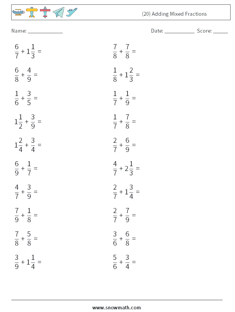 (20) Adding Mixed Fractions Maths Worksheets 4