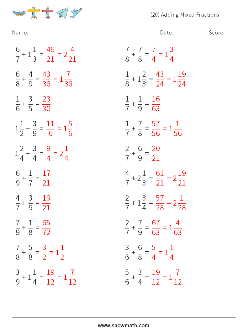 (20) Adding Mixed Fractions Maths Worksheets 4 Question, Answer