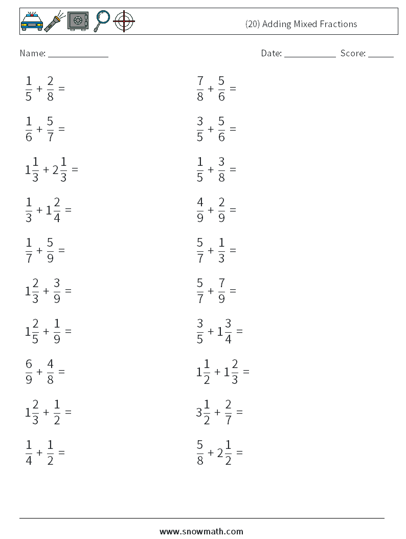 (20) Adding Mixed Fractions Maths Worksheets 5