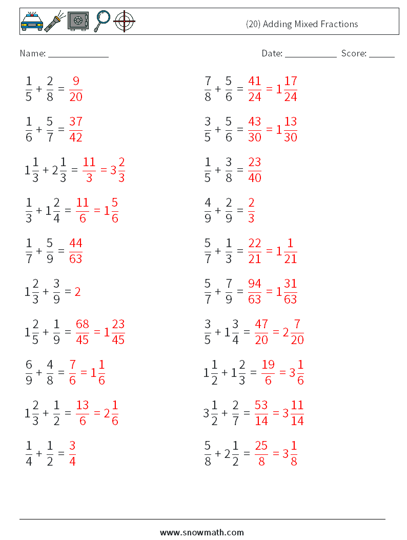 (20) Adding Mixed Fractions Maths Worksheets 5 Question, Answer