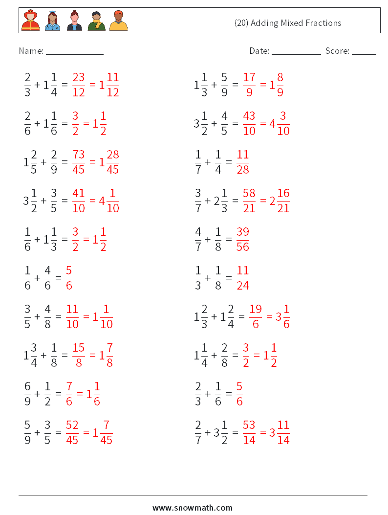 (20) Adding Mixed Fractions Maths Worksheets 6 Question, Answer