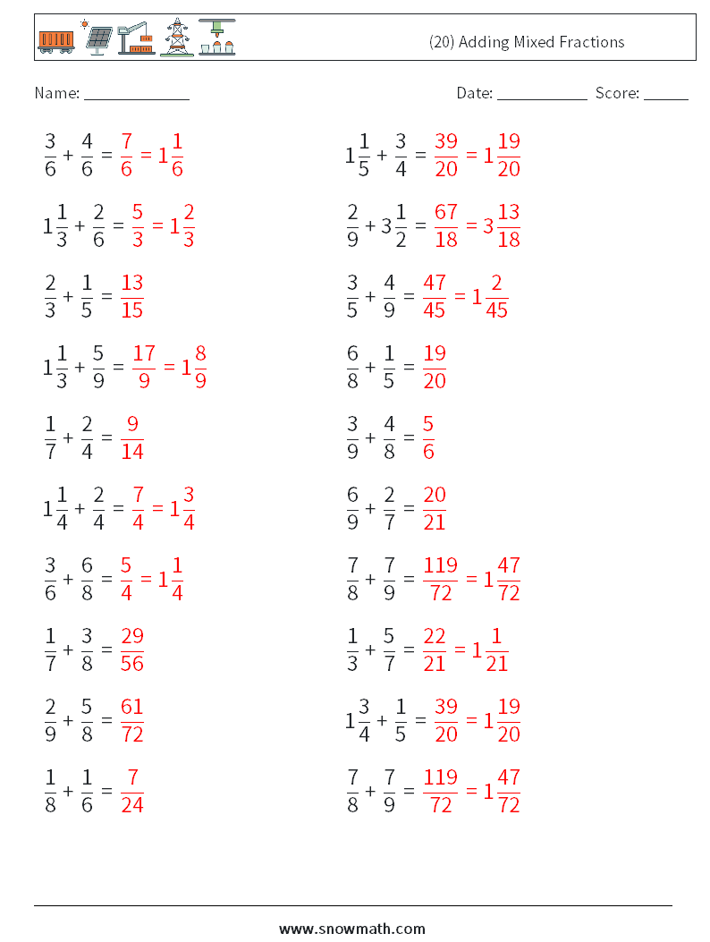 (20) Adding Mixed Fractions Maths Worksheets 7 Question, Answer