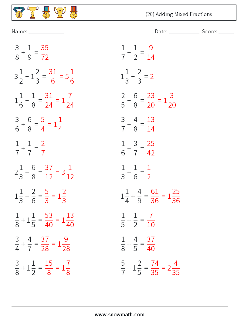 (20) Adding Mixed Fractions Maths Worksheets 8 Question, Answer
