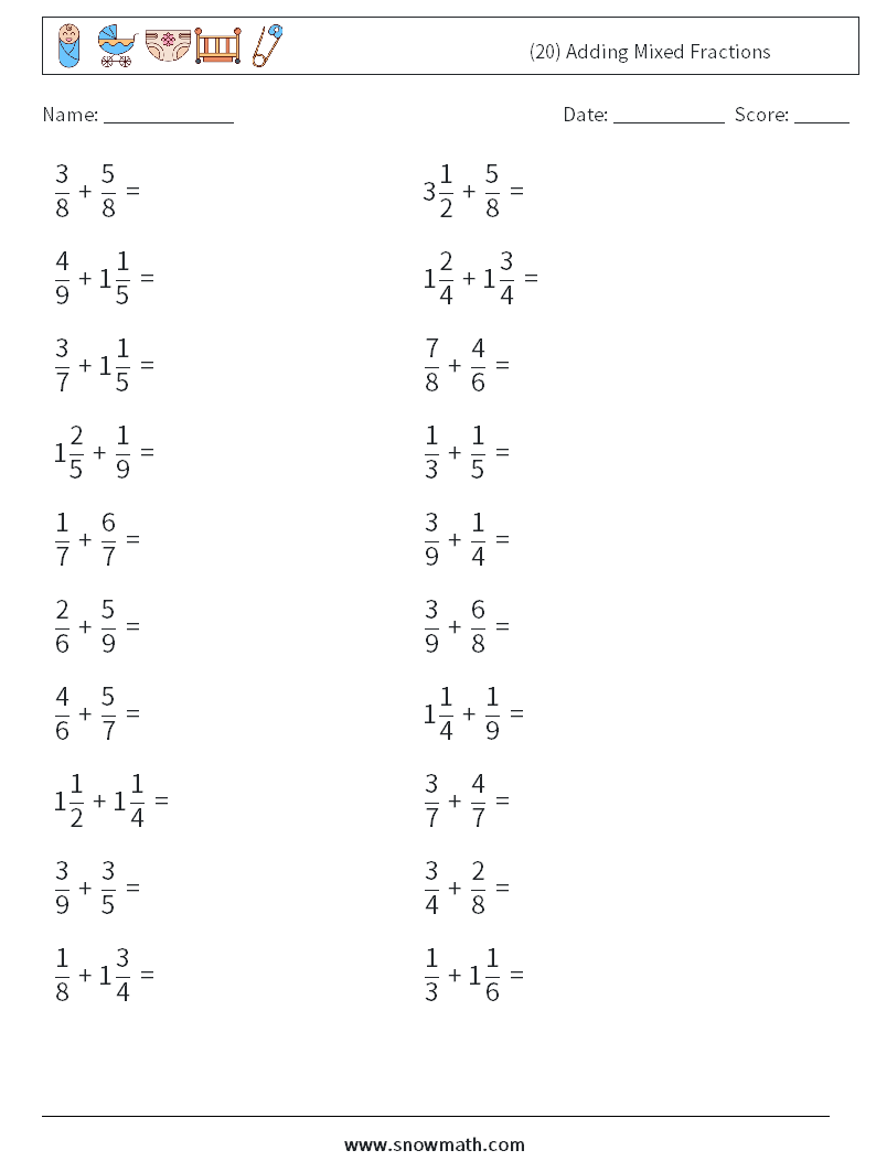 (20) Adding Mixed Fractions Maths Worksheets 9