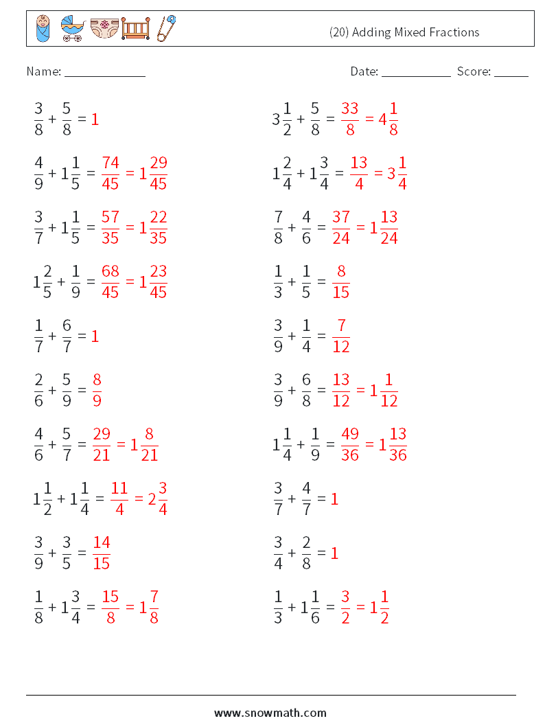 (20) Adding Mixed Fractions Maths Worksheets 9 Question, Answer