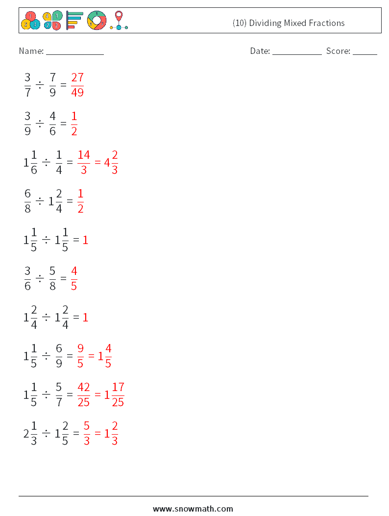 (10) Dividing Mixed Fractions Maths Worksheets 14 Question, Answer