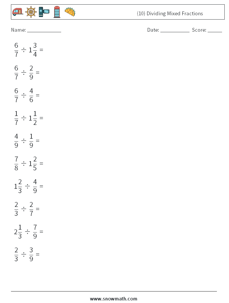 (10) Dividing Mixed Fractions Maths Worksheets 18