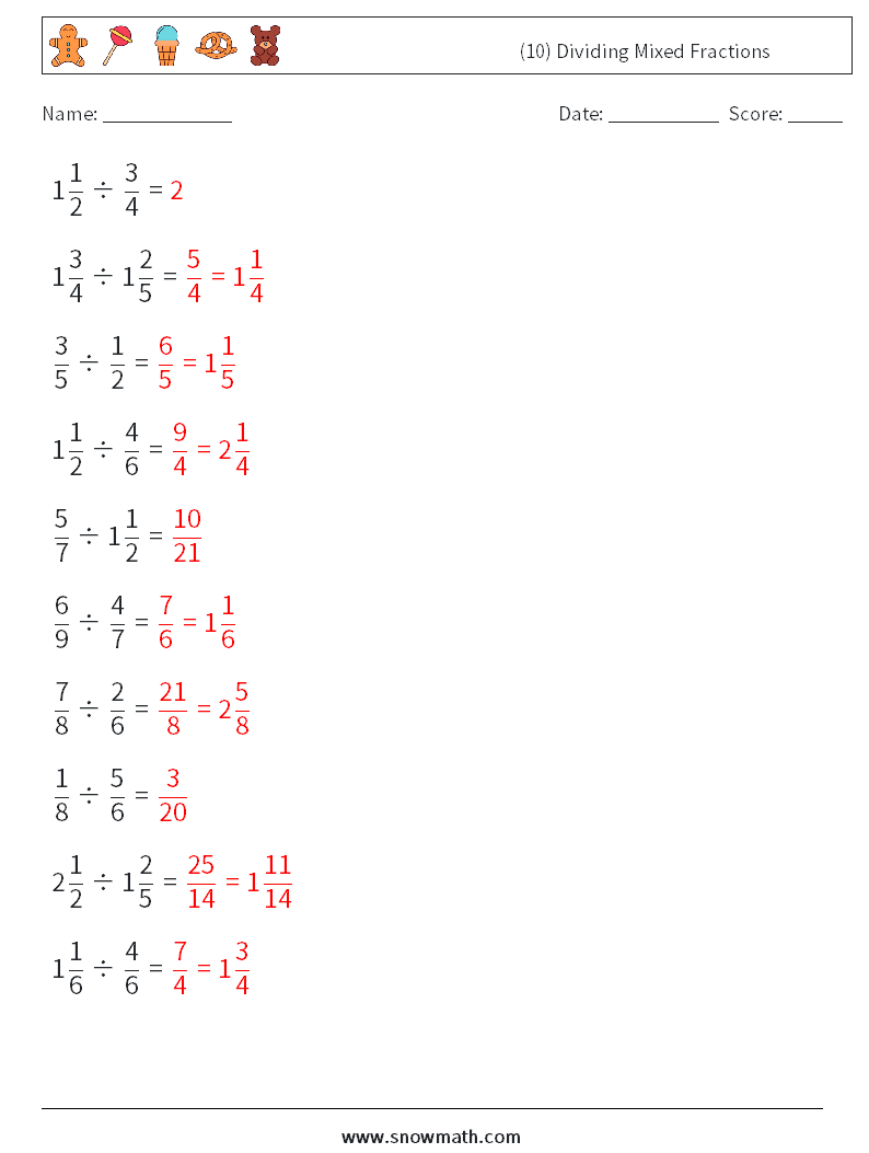 (10) Dividing Mixed Fractions Maths Worksheets 2 Question, Answer